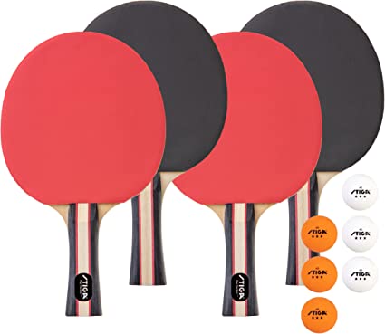 STIGA Performance 4 Player Ping Pong Paddle Set of 4 – Table Tennis Rackets, 6 – 3 Star Orange and White Balls