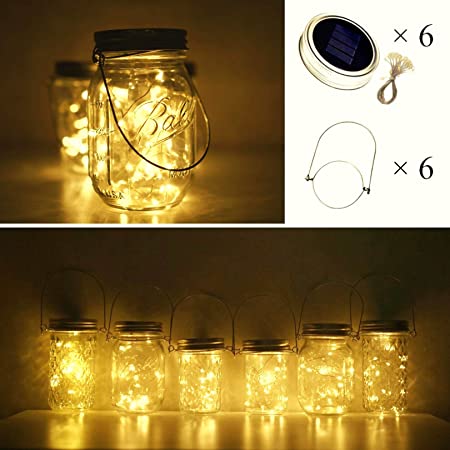 Cynzia Solar Mason Jar Lid Lights, 6 Pack 10 LED Waterproof Fairy Star Firefly String Lights with (6 Hangers Included,Jars Not Included), for Mason Jar Table Garden Wedding Party Decor (Warm White)