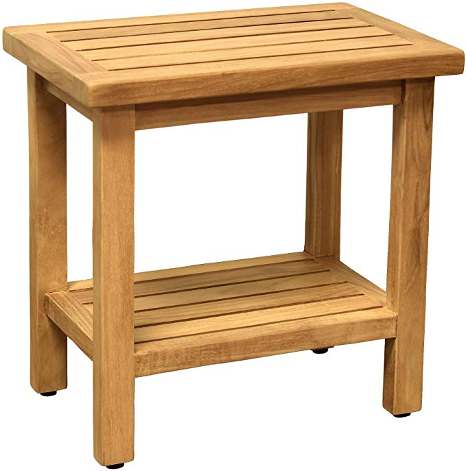 Asta Coast Solid Teak Indoor Outdoor Shower/Bath/Spa Stool Bench, Side Table, with Bottom Shelf, Fully Assembled,TB-111A
