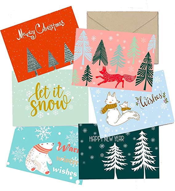 SUPHOUSE Christmas Happy Holiday Family Greeting Cards Boxed Set of 30, 6 Assorted Winter in Snow Festive Color Classy Design Blank On the Inside, Envelopes and Sealing Stickers Included
