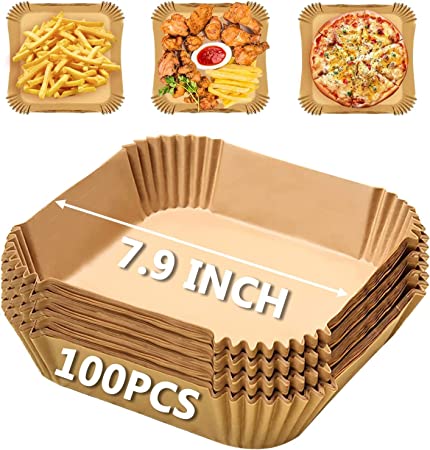 VASLON Air Fryer Disposable Paper Liner Square, 7.9 Inch Air Fryer Parchment Paper Liners 100 PCS, Air Fryer Liners Non-Stick Oil Resistant, Waterproof, Food Grade Baking Paper for Roasting Microwave