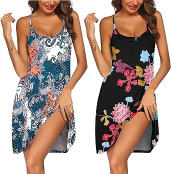 Ekouaer 2 Pack Nightgown for Womens Nightshirt Sleepwear Sleep Tank Chemise Racerback Sleeveless Dress