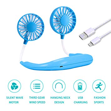 FINYOSEE Hand Free Personal Fan - USB Charging Function Dual Fan Portable Mini Fan - Wearable Neck Belt Fan Cooler Fan for Home Office Travel Indoor Outdoor Activities (Blue)