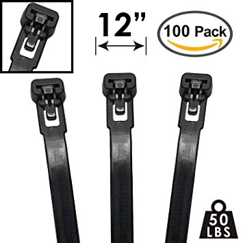 12" Nylon Reusable Releasable Cable Ties - 50 lbs - 100 Pack - Black
