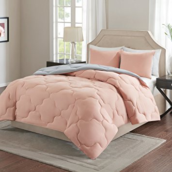 Comfort Spaces – Vixie Reversible Down Alternative Comforter Mini Set - 3 Piece – Coral and Grey – Stitched Geometrical Pattern – Full/Queen size, includes 1 Comforter, 2 Shams