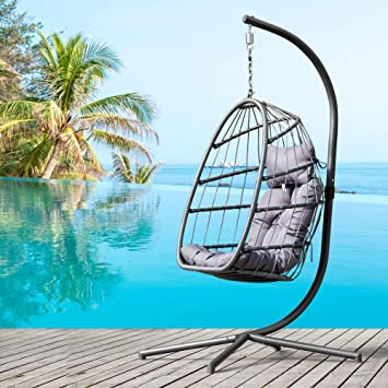 elify Wicker Hanging Swing Chair, Patio Rib Hanging Egg Chair with UV Resistant Grey Cushion and Aluminum Stand Frame in Door Outdoor Patio (Gray)