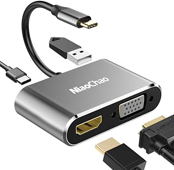 USB C to 4K HDMI VGA Adapter,NiaoChao 4-in-1 Type C Hub with USB 3.0 Charging Power PD Port Compatible for Nintendo Switch/MacBook Pro/iPad Pro/Samsung Galaxy/Dell XPS