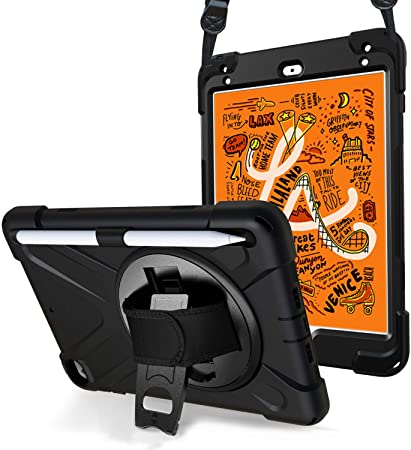 Procase iPad Mini 5 2019/Mini 4 Case Rugged, Cover with Strap Shoulder for Kids, Heavy Duty Shockproof Rugged Cover with Pencil Holder for Mini 5 –Black