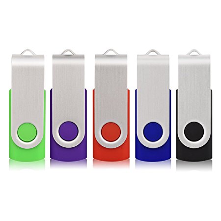 RAOYI 5pcs 16GB 16G USB Flash Drive Memory Stick Fold Storage Thumb Stick Pen Swivel Design (Five Mixed Colors: Black Red Blue Green Purple)