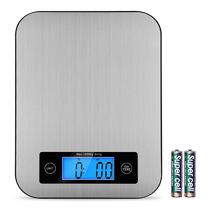 Kitchen Scales, CUSIBOX 22Ib/10kg Stainless Steel Food Scales, Digital Kitchen Scales with LCD Backlit and Tare Function, Electric Weighing Scales Measuring in g, oz, lbs, ml, Batteries Included