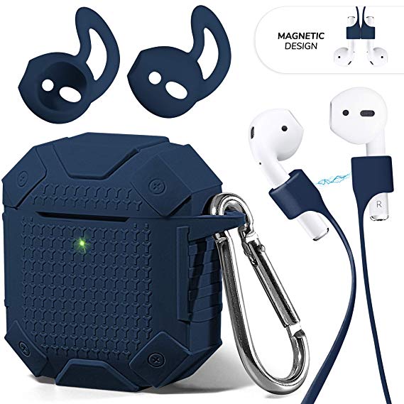 AirPods Case Accessories Kit [LED Visible] GMYLE Silicone Heavy Duty Armor Cover Keychain, Ear Hook, Magnetic Strap for Apple AirPod 1 & 2 (Navy Blue)