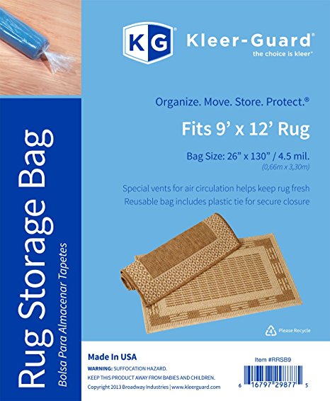 Kleer-Guard 9'x12' Rug Bag W/Plastic Tie for secure closure. 26”x130”, 4.5 MIL. For temporary moving or storage