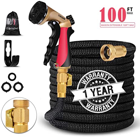 Crenova 100ft/30M Garden Hose Upgraded Expandable Hose with Three Latex Core, 3/4 and 1/2 Solid Brass Connector,Brass valve, Expanding Water Hose with 7 Function Metal Spray Nozzle