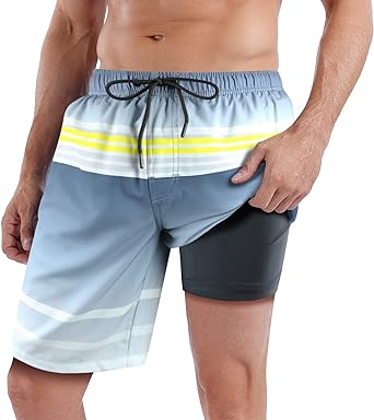 QRANSS Mens Swimming Trunks with Compression Liner 9'' Quick Dry Long Swim Shorts Swimwear Boardshorts with Boxer Brief Liner