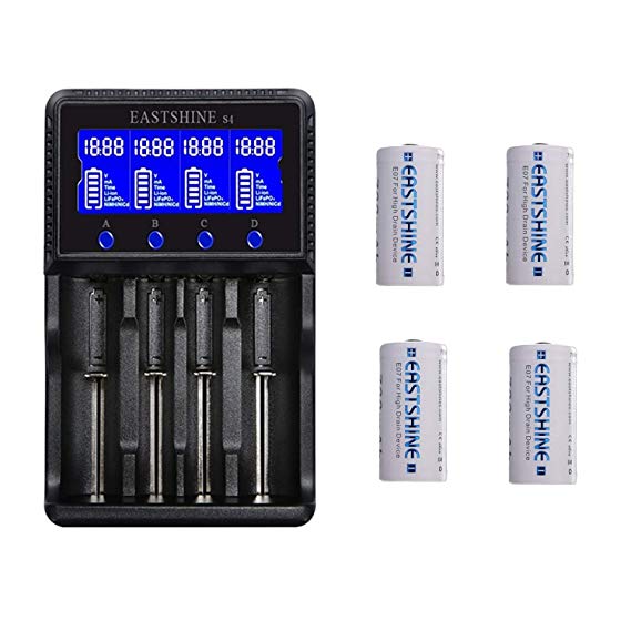 LCD Display UL Listed Speedy Universal Battery Charger & 16340 Battery, EASTSHINE S4 Smart Charger for Rechargeable Batteries Ni-MH Ni-Cd AA AAA Li-ion LiFePO4 IMR 10440 14500 16340 18650 RCR123 26650