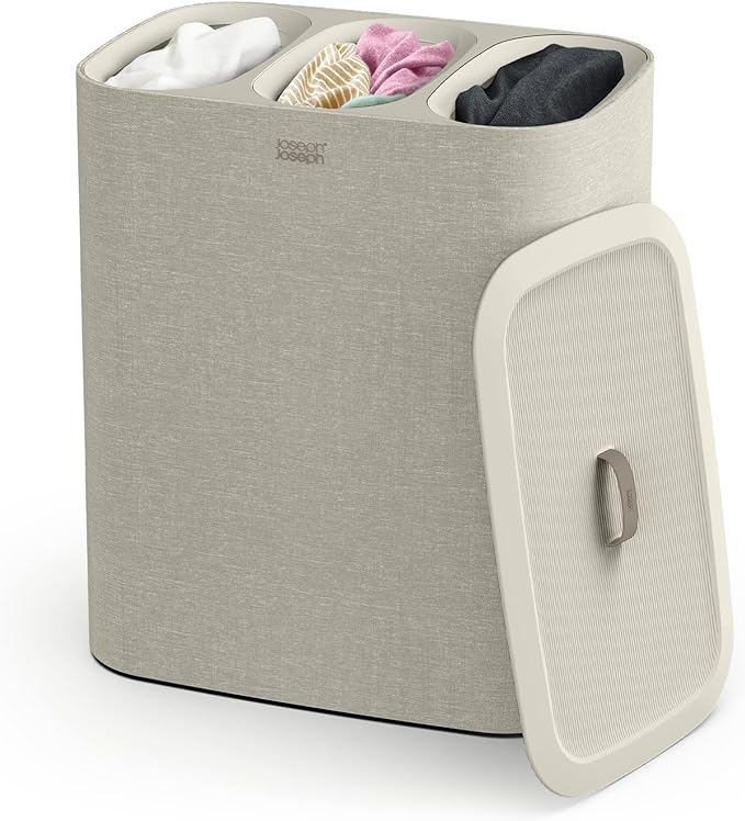 Joseph Joseph Tota - Trio 90-litre Laundry Separation Basket with lid, 3 Removable Washing Bags with Handles- Ecru