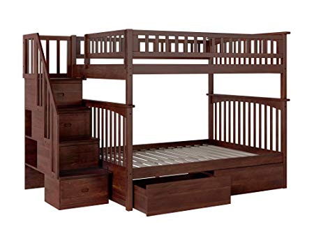 Columbia Staircase Bunk Bed with 2 Flat Panel Bed Drawers, Full Over Full, Antique Walnut