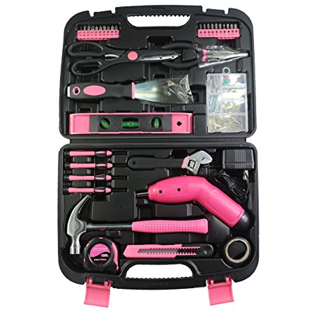 Yuanshikj Tools Set Kit 140 Piece Precision General Homeowner's Toolbox Household Hand Tool Set Kit with Plastic Storage Case Pink Color electrical tools