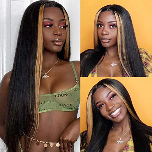 Nadula Wig 13×4 Straight Highlight Lace Front Human Hair Wigs 150% Density Brazilian Ombre Color Pre Plucked Remy Hair Lace Frontal Wig with Front Highlight (22 Inch)