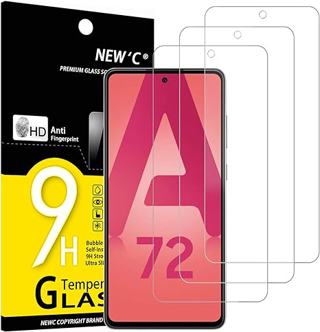 NEW'C 3 Pezzi, Vetro Temperato per Samsung Galaxy A72 / A72 5G, Pellicola Prottetiva Anti Graffio, Anti-Impronte, Senza Bolle, Durezza 9H, 0,33mm Ultra Trasparente, Ultra Resistente