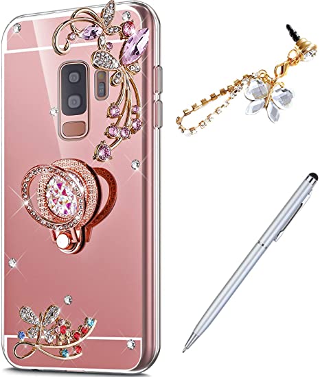 Case for Galaxy S9 Plus Diamond Case,Crystal Inlaid diamond Butterfly Rhinestone Diamond Glitter Bling Mirror Back TPU Case & Ring Stand   Touch Pen Dust Plug for Galaxy S9 Plus Mirror Case,Rose Gold