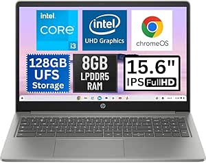 HP Chromebook Plus Laptop 15.6 Inch Intel Core i3-N305 8GB LPDDR5 RAM 128GB UFS UHD Graphics ChromeOS Wifi Bluetooth USB-C 1080p Webcam MicroSD Reader, Mineral Silver 15a-nb0033dx Computer (Renewed)