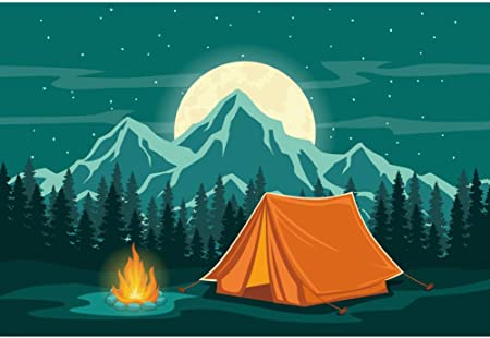 CSFOTO 6x4ft Cartoon Camp Backdrop Camping Theme Party Wild Hiking Field Survival Training Tent Campfire Mountain Forest Starry Sky Background for Photography Kids Portrait Vinyl Wallpaper