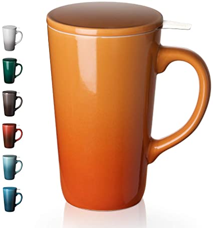 DOWAN Tea Cups with Infuser and Lid, 17 Ounces Large Tea infuser Mug, Tea Strainer Cup with Tea Bag Holder for Loose Tea, Ceramic Tea Steeping Mug, Orange Color Changing