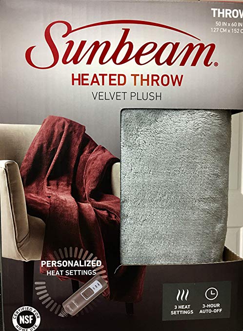 Sunbeam Velvet Plush Electric Heated Throw with 3 Heat Settings and Auto-Off, Machine Washable (Silver Grey)