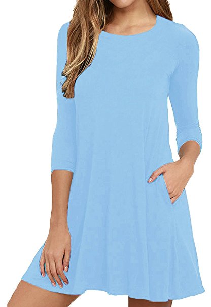 Viishow Womens Round Neck 3/4 Sleeves A-Line Casual Tshirt Dress With Pocket