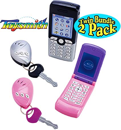Toysmith "On The Go" Pretend Play Cell Phone & Car Key Alarm with Sound Effects Pink/Purple & Silver/Black Twin Set Bundle - 2 Pack