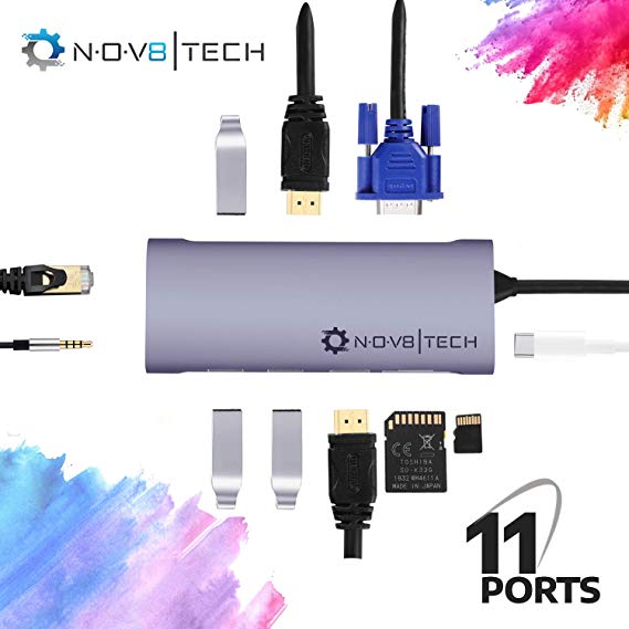 NOV8Tech 11-in-1 USB-C Hub Triple Display Screen Dual 4K HDMI, VGA, Ethernet Port, 3.5 mm Audio, SD/TF Card, 3X USB 3.0, USB C 100W PD Charger for MacBook Pro Air, Nintendo Switch & All USB C Devices
