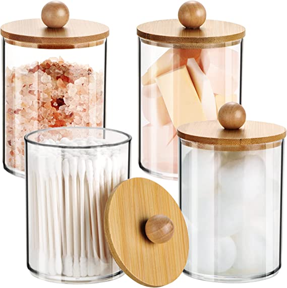 Qtip Dispenser Apothecary Jars with Bamboo Lids - Clear Plastic Vanity Makeup Organizer Storage Canister - Bathroom Accessories for Q-Tips, Cotton Swab, Cotton Ball, Cotton Rounds, Floss (4)