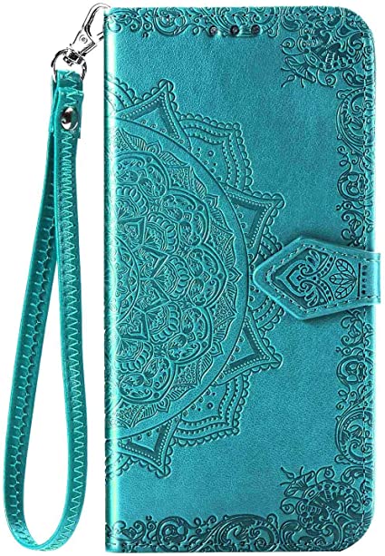iBarbe Compatible with iPhone 12/12 Pro 6.1" Wallet Case,PU Leather Flip,Kickstand,Double Magnetic Clasp,Embossed Mandala Flower Lanyard Protective Soft PU Leather Cover,3 Card Slots,1 Cash Clip,Blue