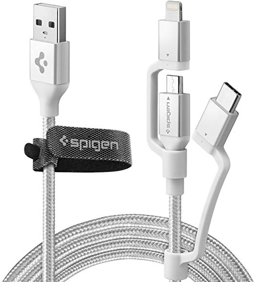 Spigen DuraSync 3-in-1 Universal Charger Cable, Lightning/USB-C/Micro USB, Premium Braided [4.9ft MFi Certified] Multi Charging Cable Works with iPhone, iPad, Galaxy, LG, Pixel with a Cable Organizer