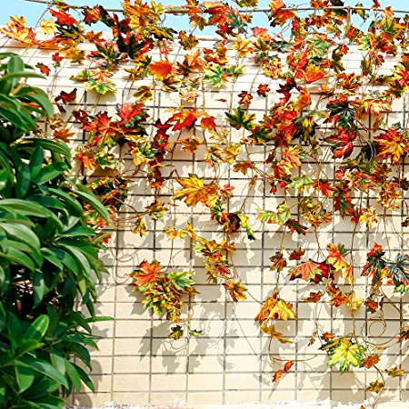 YILIYAJIA 5PCS Autumn Maple Leaf Garlands Mix Artificial Silk Garland Plants Vine Fake Foliage Fall Wall Hanging Decoration
