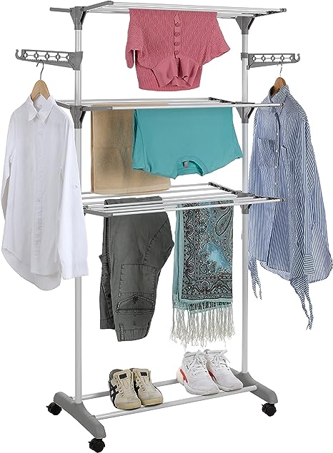 Finnhomy 3 Tier Clothes Airer, Foldable Clothes Horse with 2 Wings, Rolling Clothes Drying Rack with Wheels for Indoor & Outdoor Use, Grey