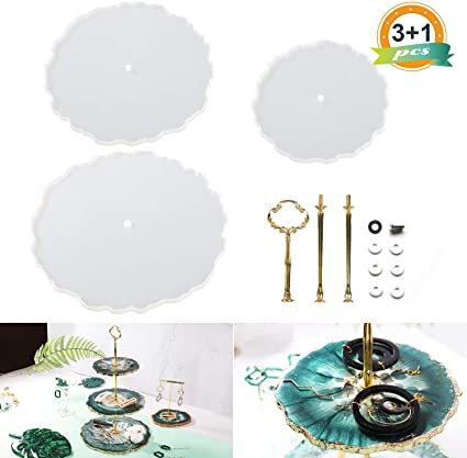LET'S RESIN 3 Tiered Resin Tray Molds, Silicone Serving Tray Mold including 3 Pcs Geode Agate Tray Molds & 1 Set Metal Holders, Epoxy Resin Casting Molds for Making Faux Agate Tray, Serving Board