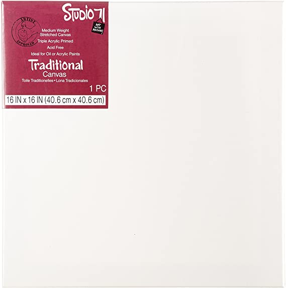 Darice, Studio 71, 16 by 16 inch, Traditional Stretched Canvas, Medium Weight, Primed, Pack of 1, White