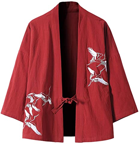 PRIJOUHE Men's Japanese Fashion Kimono Cardigan Plus Size Jacket Yukata Casual Cotton Linen Seven Sleeve Lightweight