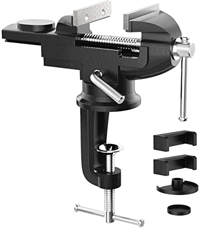 Housolution Universal Table Vise 3 Inch, 360°Swivel Base Bench Clamp Home Vise Clamp-On Vise Repair Tool Portable Work Bench Vise for Woodworking, Cutting Conduit, Drilling, Metalworking - Black