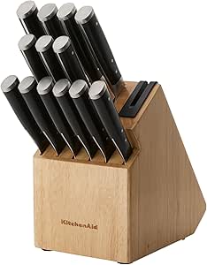 KitchenAid Forged Triple Riveted Knife Block Set with Built-In Knife Sharpener, High Carbon Stainless Steel Kitchen Knives, Sharp Kitchen Knife Set with Block, Black, 14 Piece