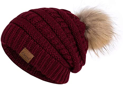 Alepo Winter Beanie Hat for Women, Real Fur Pom Pom Slouchy Chunky Knit Warm Fleece Lined Thermal Soft Ski Cap