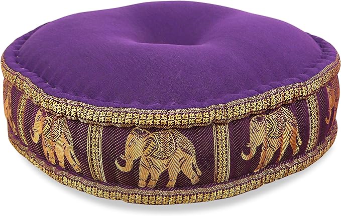 livasia Colourful Zafu Meditation Cushion for Yoga filled with 100% organic Kapok Seat Thai Silk (purple elephant)