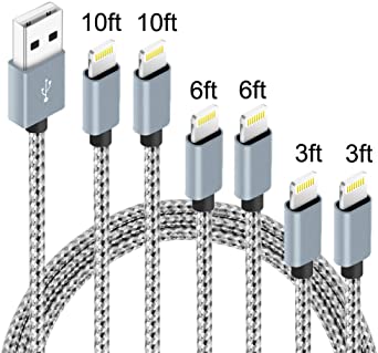 6Pack(3ft 3ft 6ft 6ft 10ft 10ft) iPhone Lightning Cable Apple MFi Certified Braided Nylon Fast Charger Cable Compatible iPhone Max XS XR 8 Plus 7 Plus 6s 5s 5c Air iPad Mini iPod (Gray White)