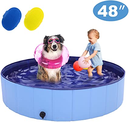 RQN Foldable Dog Pool for Outdoor Backyard,Portable Pet Pool for Kid Baby Pet Dog Cat with Two Brushes
