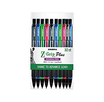 Zebra Z-Grip Plus Mechanical Pencils, Shake Advance Technology, 0.7mm Point Size, Refillable, Assorted Colors, 32-Count