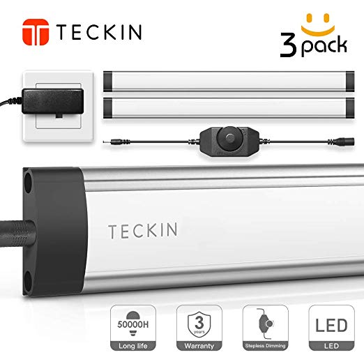 Under Cabinet Lights,LED Cupboard Lighting,Stepless Dimmable Strip Lights(24 LEDs, 3 Pack),TECKIN 4000K 12W White Ultra Thin Light Bar for Kitchen,Closet, Attics, Hallway, Wardrobe,Dormitory.