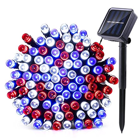 Qedertek Solar Christmas String Lights, 39ft 100 LED 8 Mode Decorative Lighting for Independence Day, Patio, Lawn, Garden, Wedding, Party, Home and Holiday Decorations (Red/White/Blue)