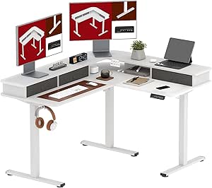 SANODESK 55" L Shaped Standing Desk with 3 Drawers, Height Adjustable Stand up Desk, Corner Gaming Desk with Monitor Stand, White Frame/White Top